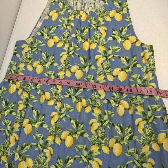 LOFT Lemon Print Tiered Swing Dress Women's Small Blue Yellow Linen Blend - Picture 9 of 13